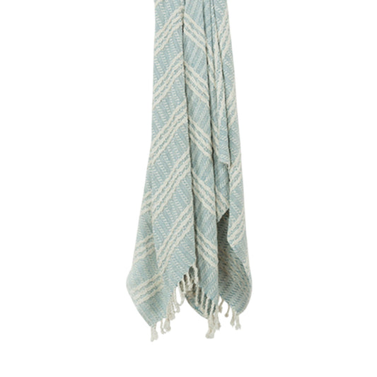 MALIBU 50" X 60" LIGHT BLUE AND IVORY STRIPED COTTON THROW BLANKET WITH FRINGE - Varnish & Vibe