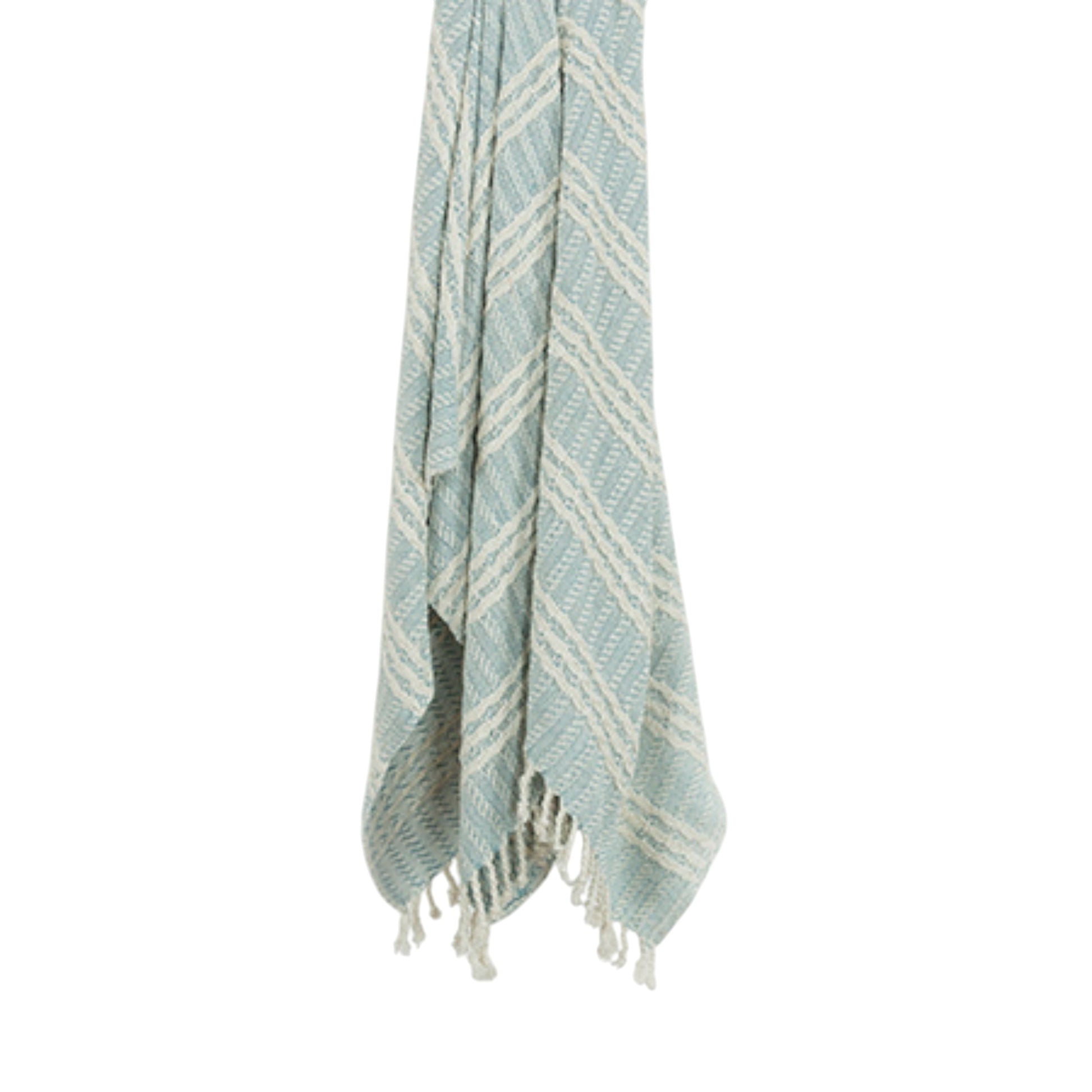 MALIBU 50" X 60" LIGHT BLUE AND IVORY STRIPED COTTON THROW BLANKET WITH FRINGE - Varnish & Vibe