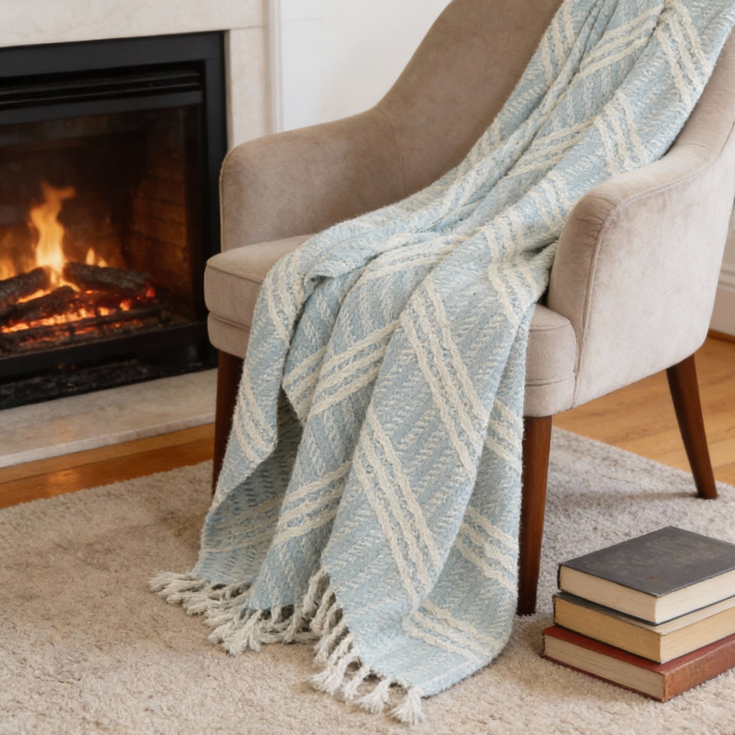 MALIBU 50" X 60" LIGHT BLUE AND IVORY STRIPED COTTON THROW BLANKET WITH FRINGE - Varnish & Vibe