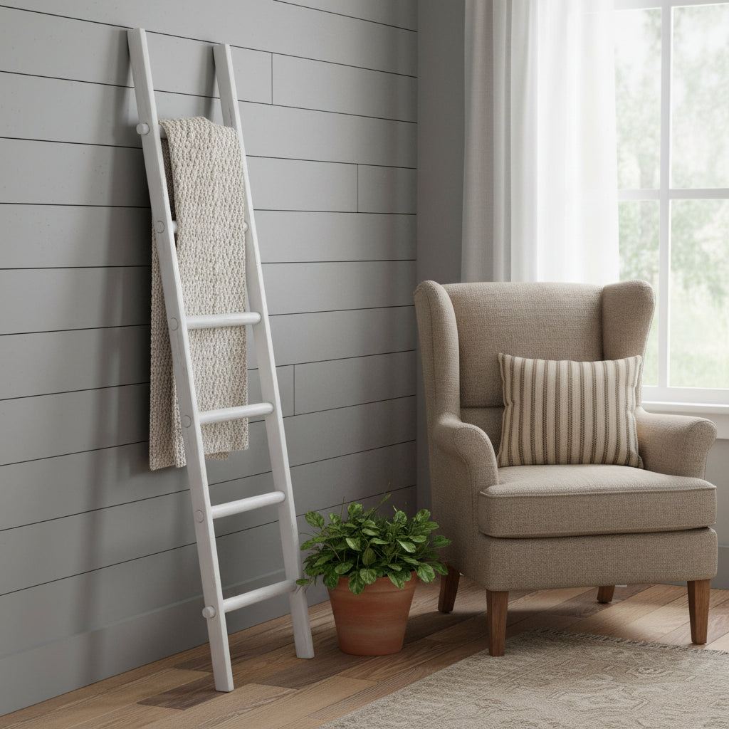 Beige armchair with striped pillow next to a white ladder with a towel against a gray wall.