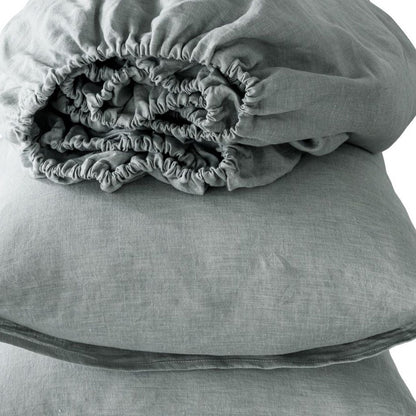 FOUR PIECE BLUE LINEN QUEEN SHEET SET - Varnish & Vibe