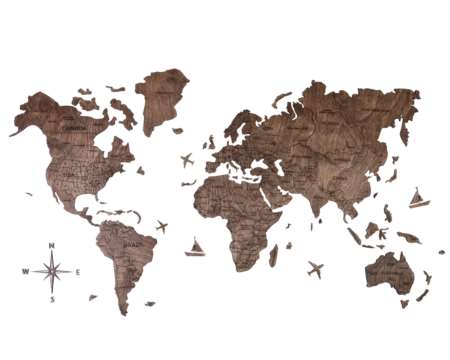 CALABASAS 47" X 79" DARK BROWN WOOD WORLD MAP HANGING DIMENSIONAL SCULPTURE - Varnish & Vibe