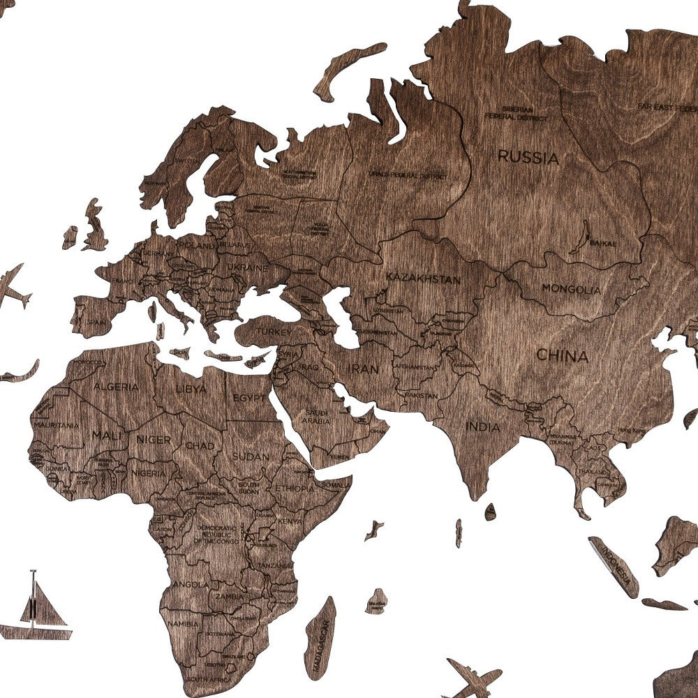 CALABASAS 47" X 79" DARK BROWN WOOD WORLD MAP HANGING DIMENSIONAL SCULPTURE - Varnish & Vibe
