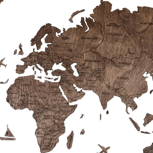 CALABASAS 47" X 79" DARK BROWN WOOD WORLD MAP HANGING DIMENSIONAL SCULPTURE - Varnish & Vibe