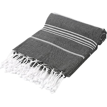 Gray towel with white stripes and fringes on a white background