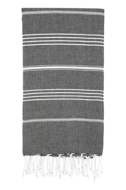 Gray towel with white stripes and fringes on a white background