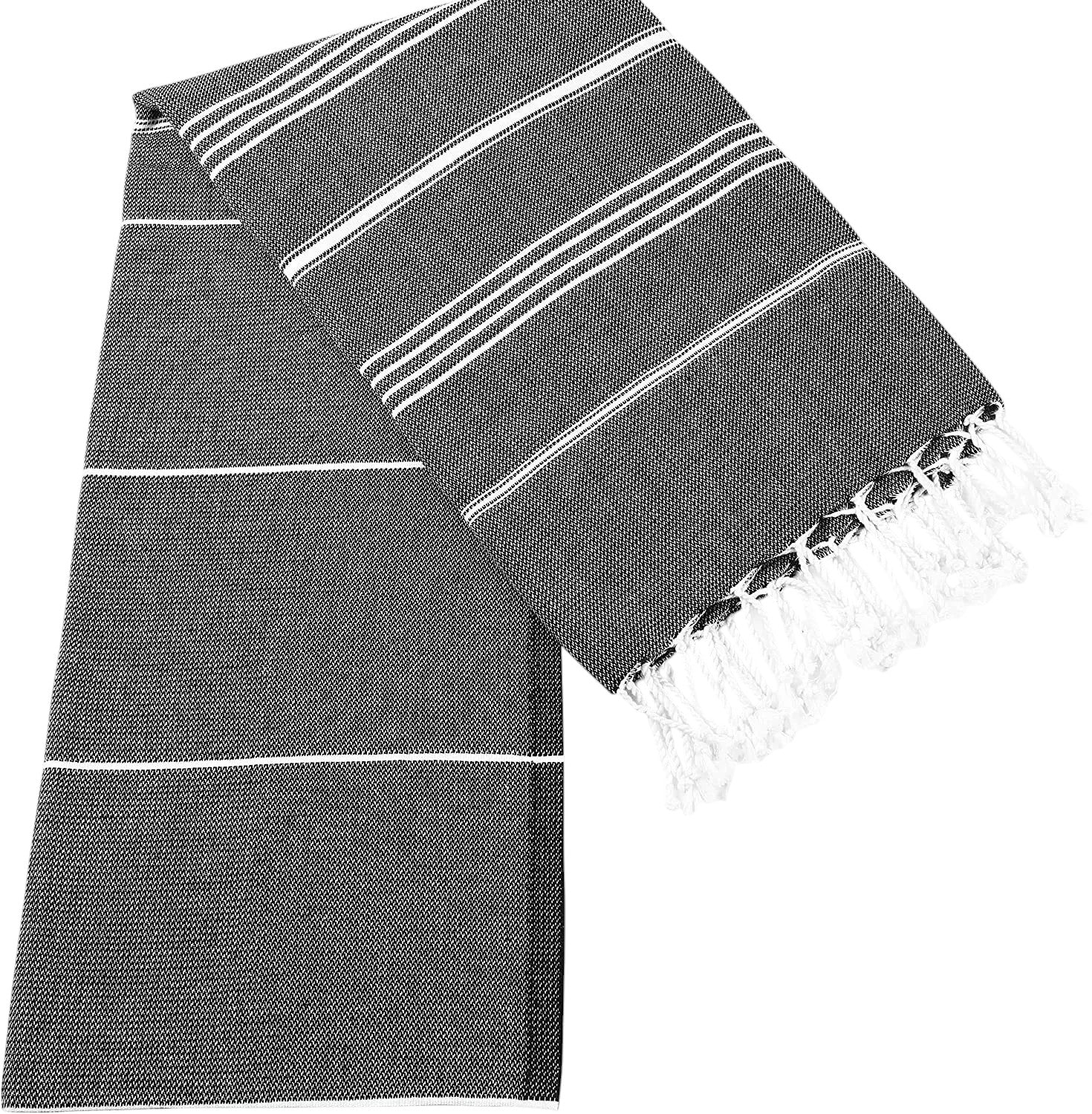 Gray towel with white stripes and fringes on a white background