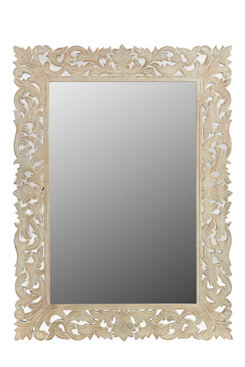MALIBU 47" ANTIQUED WHITE SOLID WOOD CARVED SCROLLWORK ACCENT MIRROR - Varnish & Vibe
