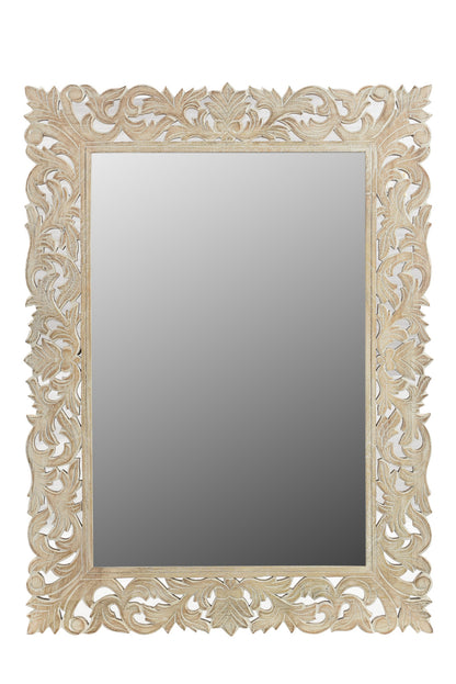 MALIBU 47" ANTIQUED WHITE SOLID WOOD CARVED SCROLLWORK ACCENT MIRROR - Varnish & Vibe