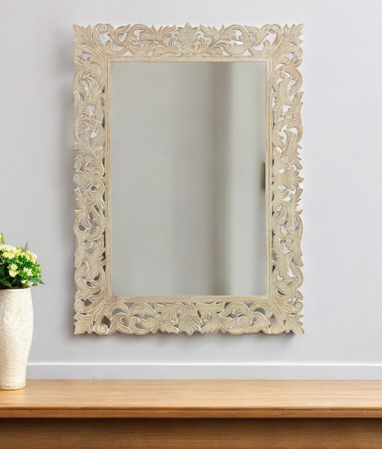 MALIBU 47" ANTIQUED WHITE SOLID WOOD CARVED SCROLLWORK ACCENT MIRROR - Varnish & Vibe