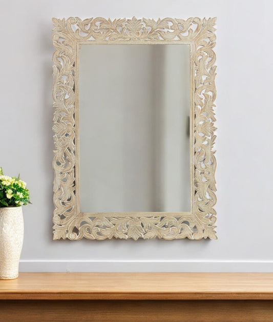 MALIBU 47" ANTIQUED WHITE SOLID WOOD CARVED SCROLLWORK ACCENT MIRROR - Varnish & Vibe