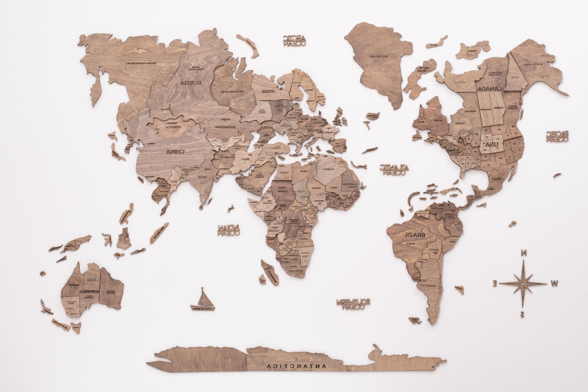 CALABASAS 47" X 79" WOOD BROWN WOOD WORLD MAP HANGING DIMENSIONAL SCULPTURE - Varnish & Vibe