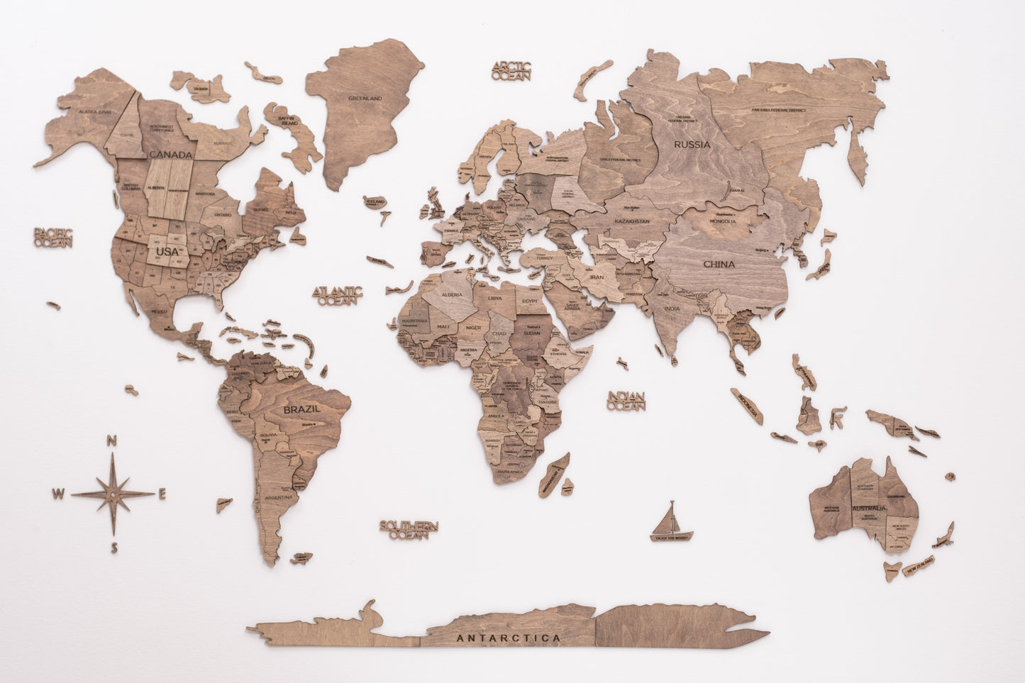 CALABASAS 47" X 79" WOOD BROWN WOOD WORLD MAP HANGING DIMENSIONAL SCULPTURE - Varnish & Vibe