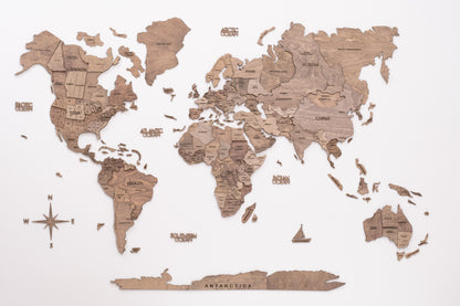 CALABASAS 47" X 79" WOOD BROWN WOOD WORLD MAP HANGING DIMENSIONAL SCULPTURE - Varnish & Vibe