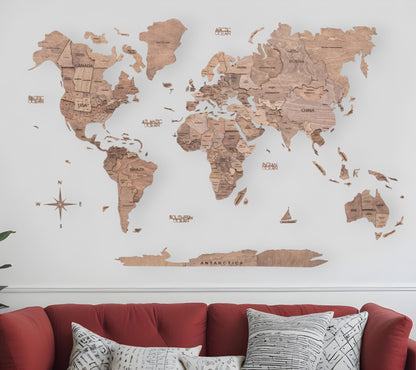 CALABASAS 47" X 79" WOOD BROWN WOOD WORLD MAP HANGING DIMENSIONAL SCULPTURE - Varnish & Vibe