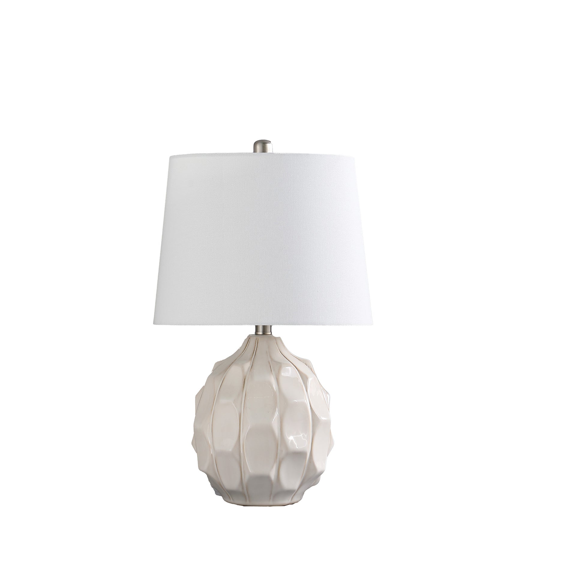 22" CREAM CERAMIC FACETED TABLE LAMP WITH OFF WHITE DRUM SHADE - Varnish & Vibe