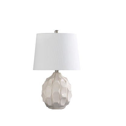 22" CREAM CERAMIC FACETED TABLE LAMP WITH OFF WHITE DRUM SHADE - Varnish & Vibe
