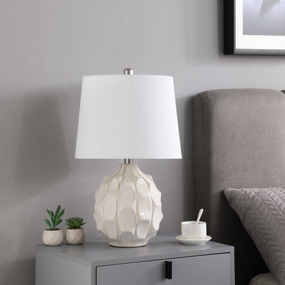 22" CREAM CERAMIC FACETED TABLE LAMP WITH OFF WHITE DRUM SHADE - Varnish & Vibe