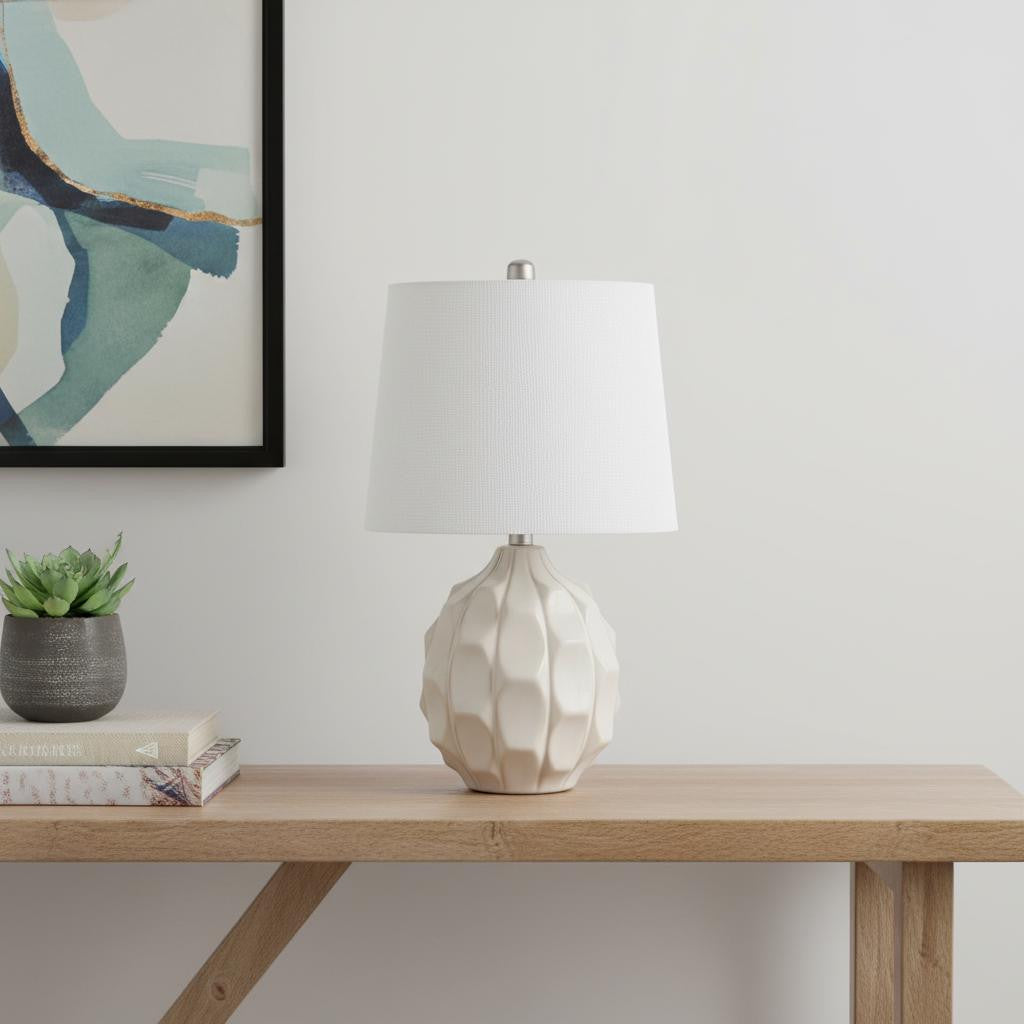 22" CREAM CERAMIC FACETED TABLE LAMP WITH OFF WHITE DRUM SHADE - Varnish & Vibe