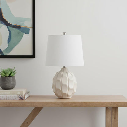 22" CREAM CERAMIC FACETED TABLE LAMP WITH OFF WHITE DRUM SHADE - Varnish & Vibe