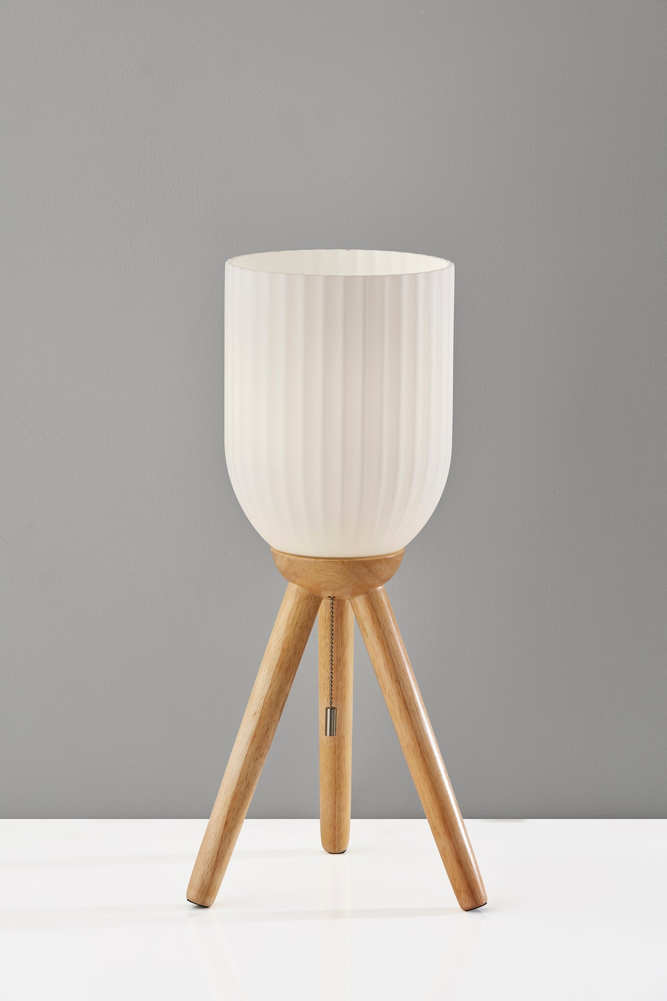 MALIBU 23" NATURAL SOLID WOOD TRIPOD TABLE LAMP WITH WHITE RIBBED GLASS SHADE - Varnish & Vibe