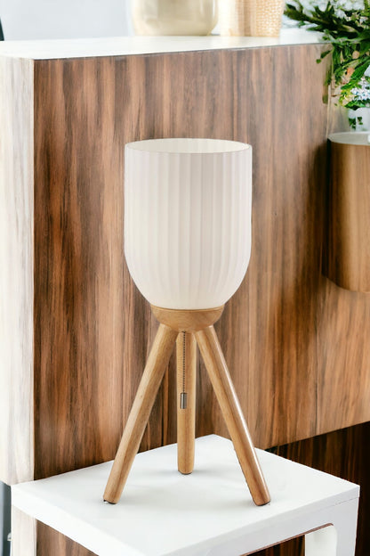 MALIBU 23" NATURAL SOLID WOOD TRIPOD TABLE LAMP WITH WHITE RIBBED GLASS SHADE - Varnish & Vibe
