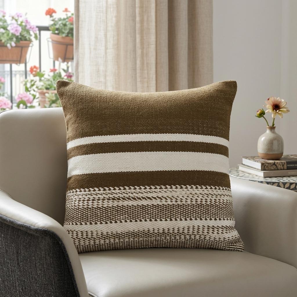 PALISADES 18" BROWN AND WHITE COTTON STRIPED THROW PILLOW - Varnish & Vibe