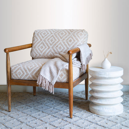 CALABASAS 28" BEIGE AND BROWN SOLID WOOD GEOMETRIC ARMCHAIR - Varnish & Vibe