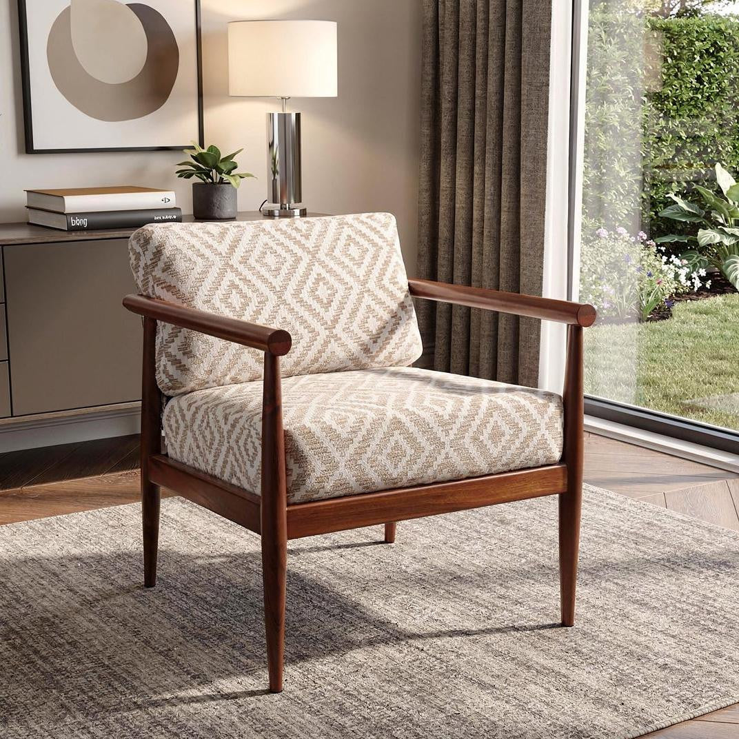 CALABASAS 28" BEIGE AND BROWN SOLID WOOD GEOMETRIC ARMCHAIR - Varnish & Vibe