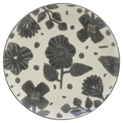 CALABASAS GRAY AND IVORY SIXTEEN PIECE ROUND FLORAL CERAMIC SERVICE FOR FOUR DINNERWARE SET - Varnish & Vibe