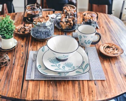 CALABASAS BLUE AND WHITE SIXTEEN PIECE ROUND FLORAL CERAMIC SERVICE FOR FOUR DINNERWARE SET - Varnish & Vibe