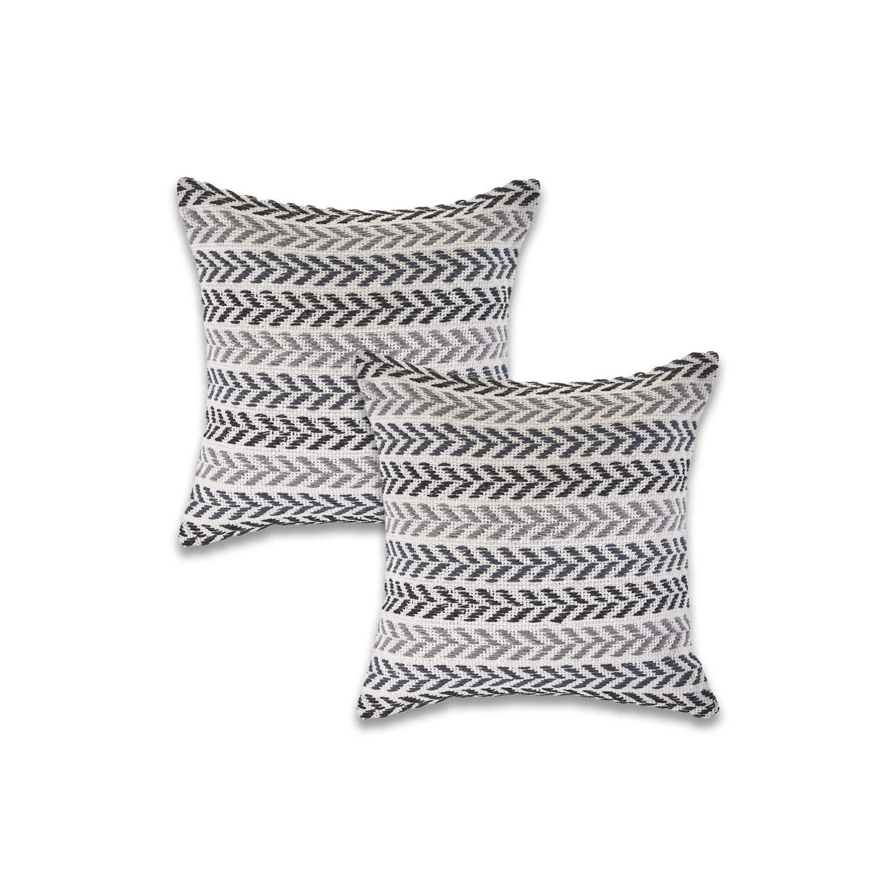 Two decorative pillows with a black and white zigzag pattern on a white background