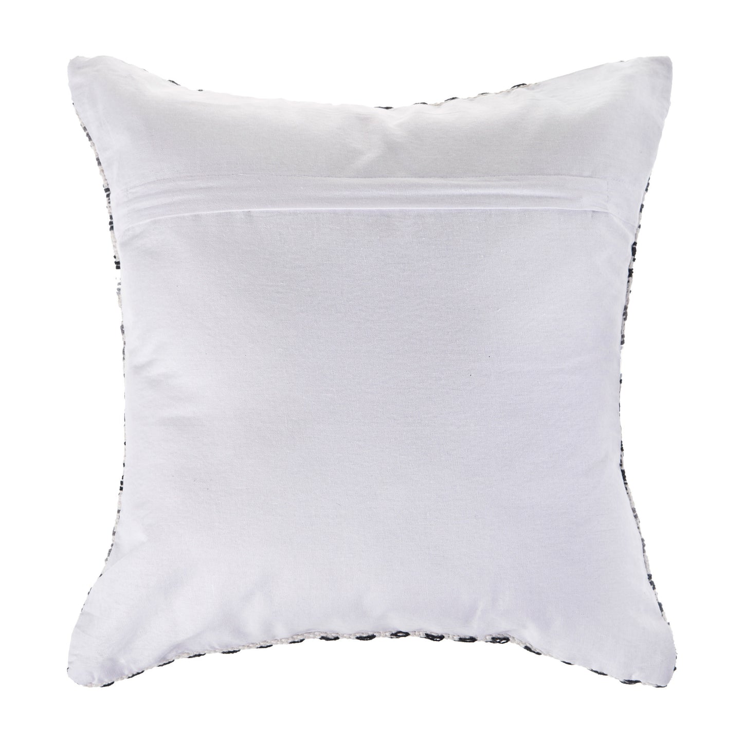 White pillow with black trim on a white background