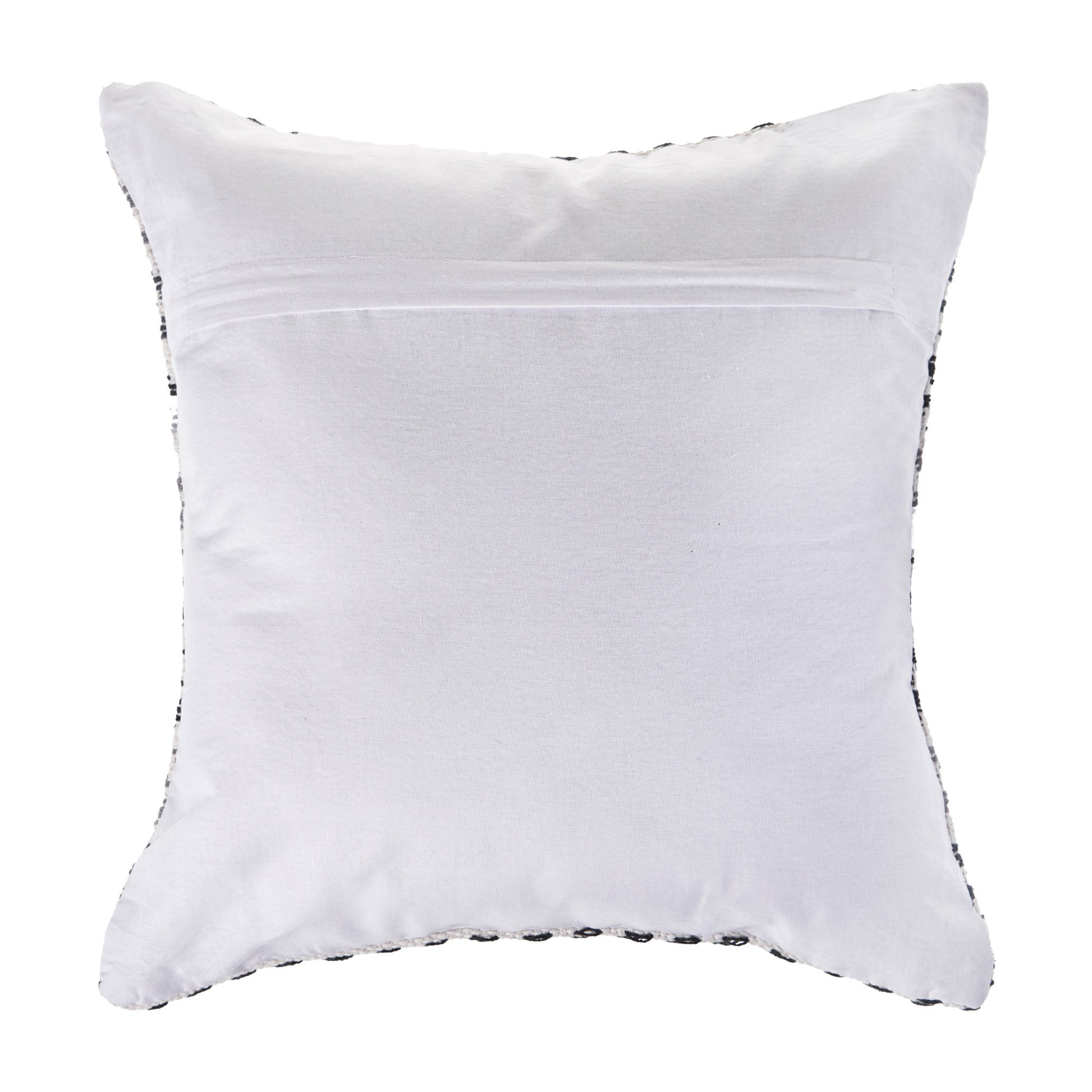 White pillow with black trim on a white background