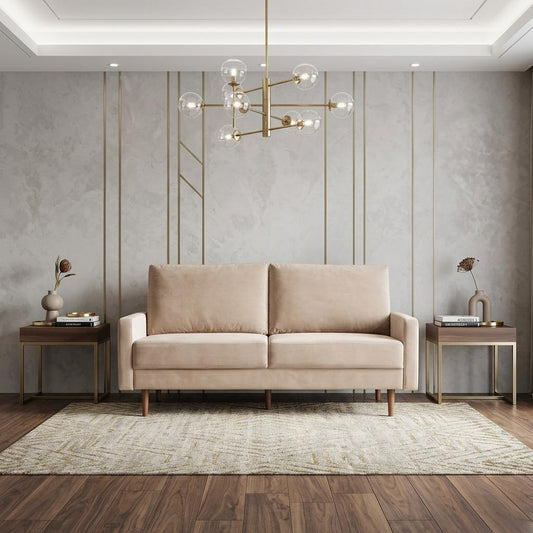 LAUREL 69" BEIGE VELVET SOFA WITH DARK BROWN LEGS