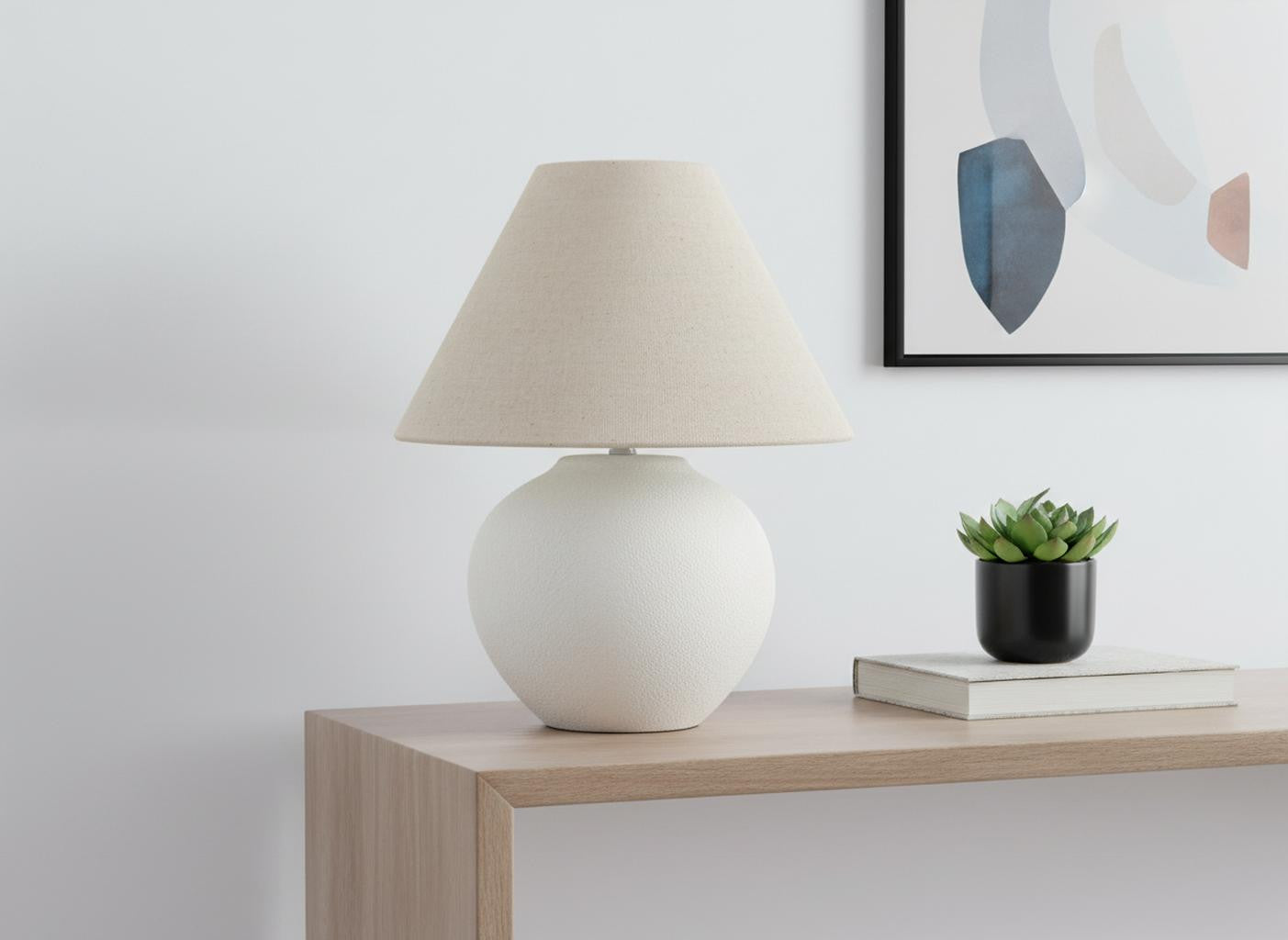 PALISADES 16" CREAM CERAMIC ROUND TABLE LAMP WITH CREAM EMPIRE SHADE - Varnish & Vibe