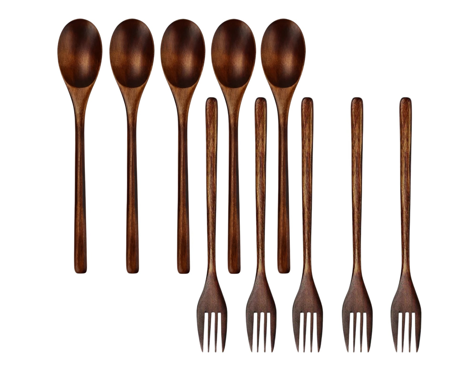 CALABASAS BROWN SOLID WOOD HANDMADE TEN PIECE DINNER FORK AND DINNER SPOON SET - Varnish & Vibe