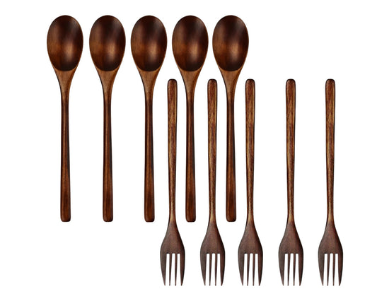 CALABASAS BROWN SOLID WOOD HANDMADE TEN PIECE DINNER FORK AND DINNER SPOON SET - Varnish & Vibe