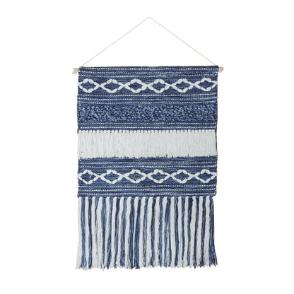 26" X 51" DENIM BLUE AND WHITE GEOMETRIC COTTON MACRAME HANGING TAPESTRY - Varnish & Vibe
