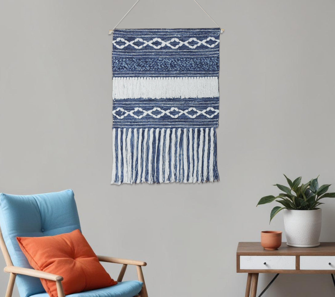 26" X 51" DENIM BLUE AND WHITE GEOMETRIC COTTON MACRAME HANGING TAPESTRY - Varnish & Vibe