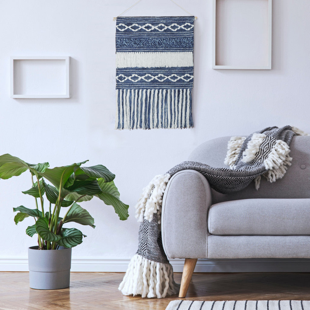 26" X 51" DENIM BLUE AND WHITE GEOMETRIC COTTON MACRAME HANGING TAPESTRY - Varnish & Vibe