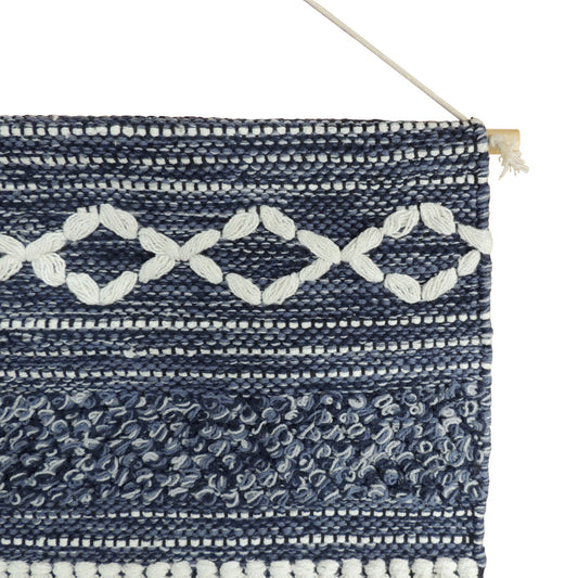 26" X 51" DENIM BLUE AND WHITE GEOMETRIC COTTON MACRAME HANGING TAPESTRY - Varnish & Vibe
