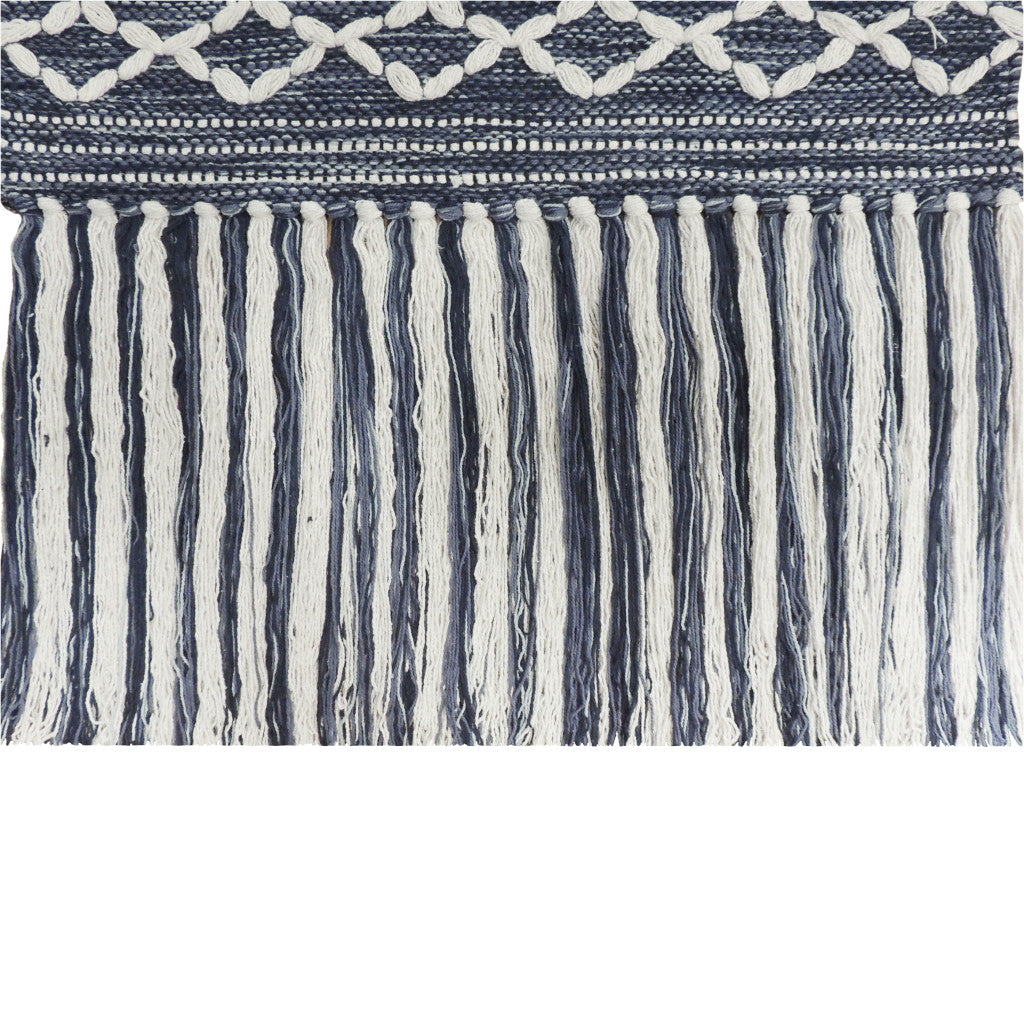 26" X 51" DENIM BLUE AND WHITE GEOMETRIC COTTON MACRAME HANGING TAPESTRY - Varnish & Vibe