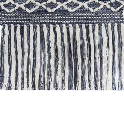 26" X 51" DENIM BLUE AND WHITE GEOMETRIC COTTON MACRAME HANGING TAPESTRY - Varnish & Vibe