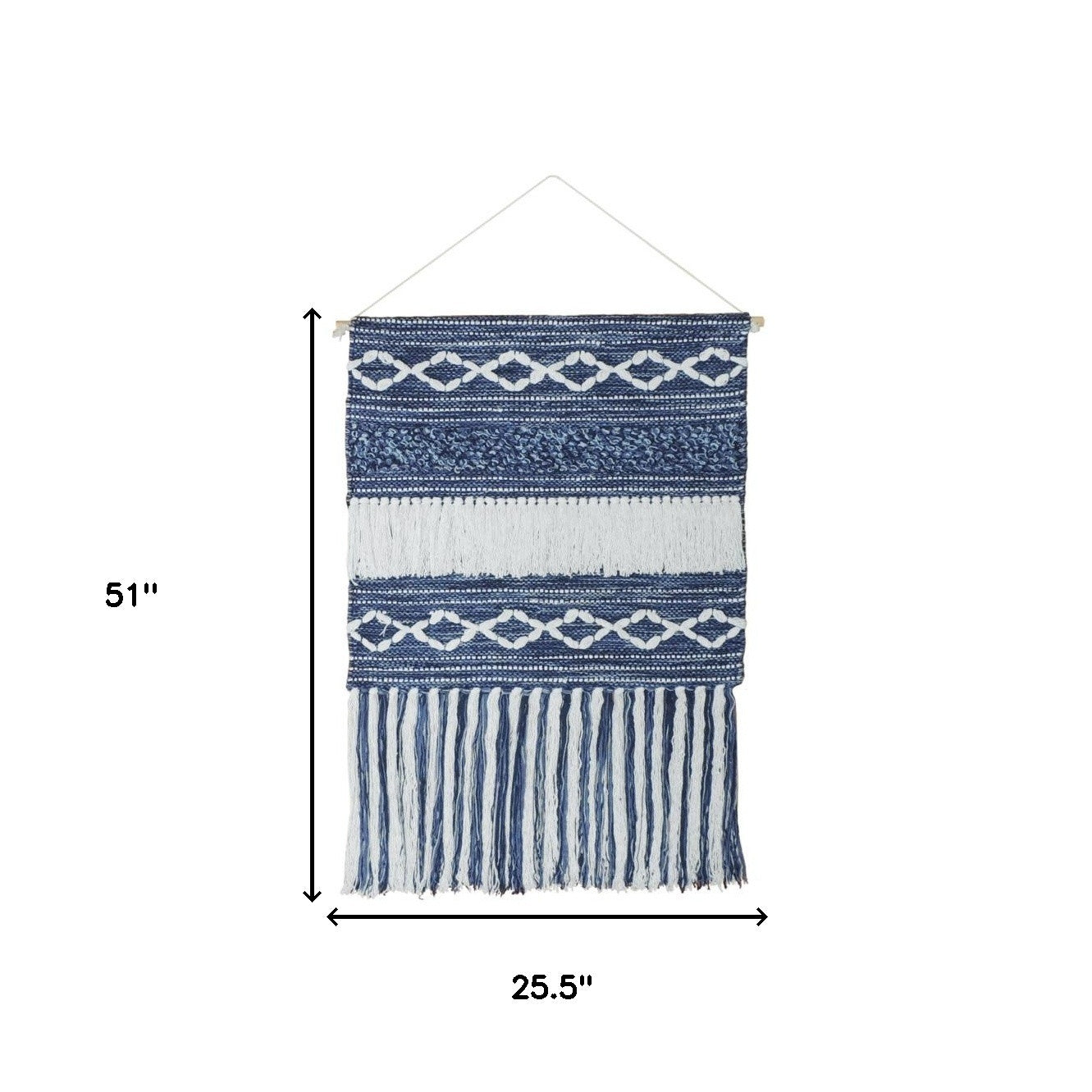 geometric cotton macrame hanging tapestry, cotton macrame hanging tapestry, macrame hanging tapestry, denim blue white geometric cotton, 26" X 51" denim blue white