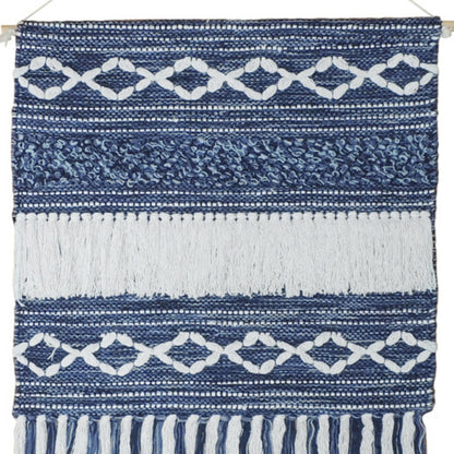 26" X 51" DENIM BLUE AND WHITE GEOMETRIC COTTON MACRAME HANGING TAPESTRY - Varnish & Vibe