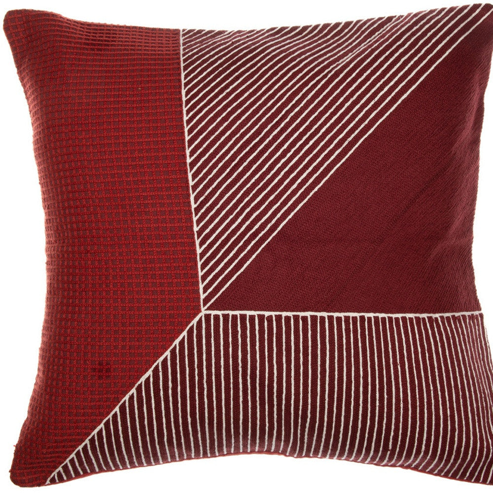 LAUREL 20" RED AND WHITE GEOMETRIC COTTON THROW PILLOW WITH EMBROIDERY