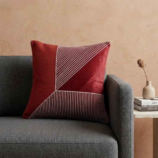 LAUREL 20" RED AND WHITE GEOMETRIC COTTON THROW PILLOW WITH EMBROIDERY