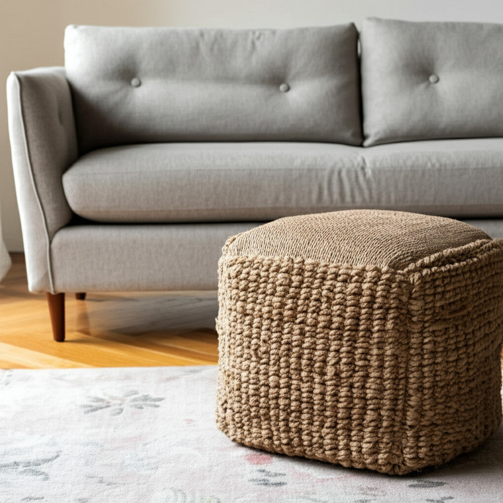 Brown woven ottoman in front of a gray sofa in a living room setting.