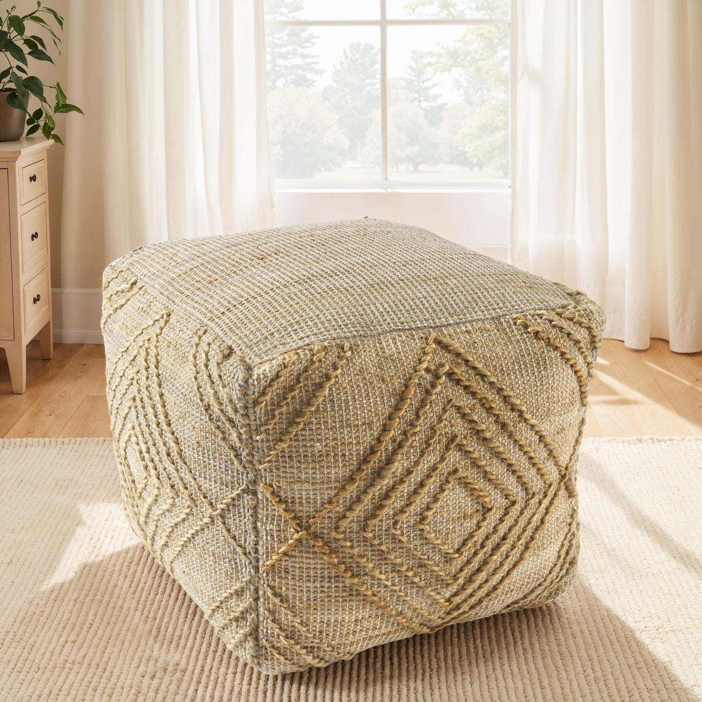 blend cube geometric pouf ottoman, cube geometric pouf ottoman, geometric pouf ottoman, jute blend cube geometric pouf, natural jute blend cube geometric